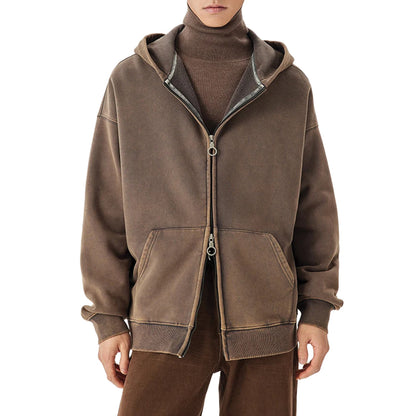West End faded pigment wash oversized hoodie in muted tones with dual zipper closure