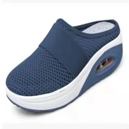 Women's gray mesh slip-on platform mules with comfort air cushion sole, lightweight walking shoes