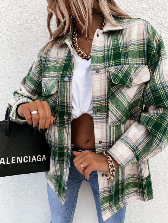 Women's oversized flannel shacket checked pattern button front casual layering shirt jacket