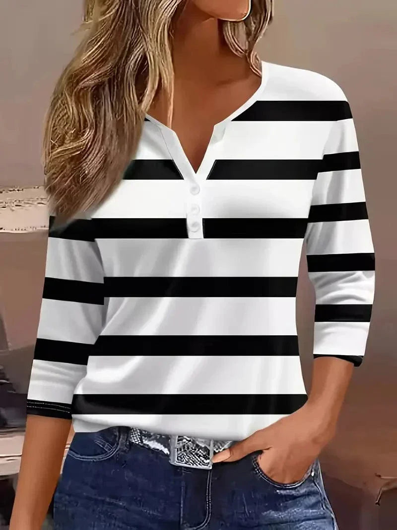 Striped V-neck top with ¾ sleeves in bold multicolor stripes, lightweight breathable women's fashion