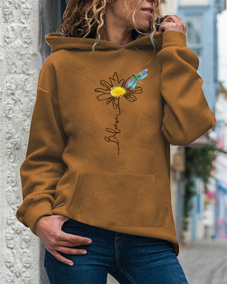 Women's relaxed fit hooded sweatshirt in cotton with vibrant sunflower print long sleeve cozy layer