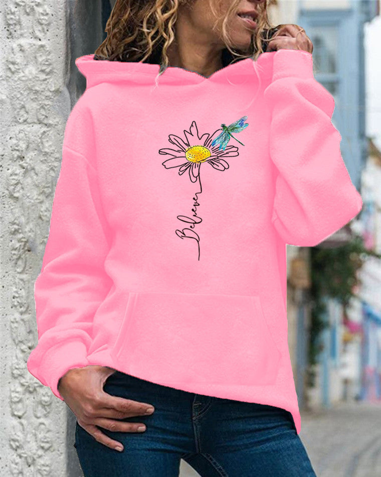 Women's relaxed fit hooded sweatshirt in cream with vibrant sunflower print long sleeve cotton pullover