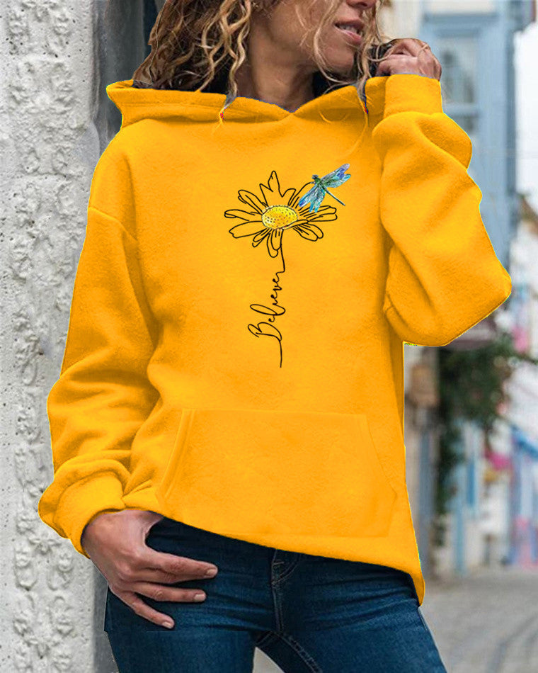 Women's relaxed fit hooded sweatshirt in cotton with vibrant sunflower print and long sleeves