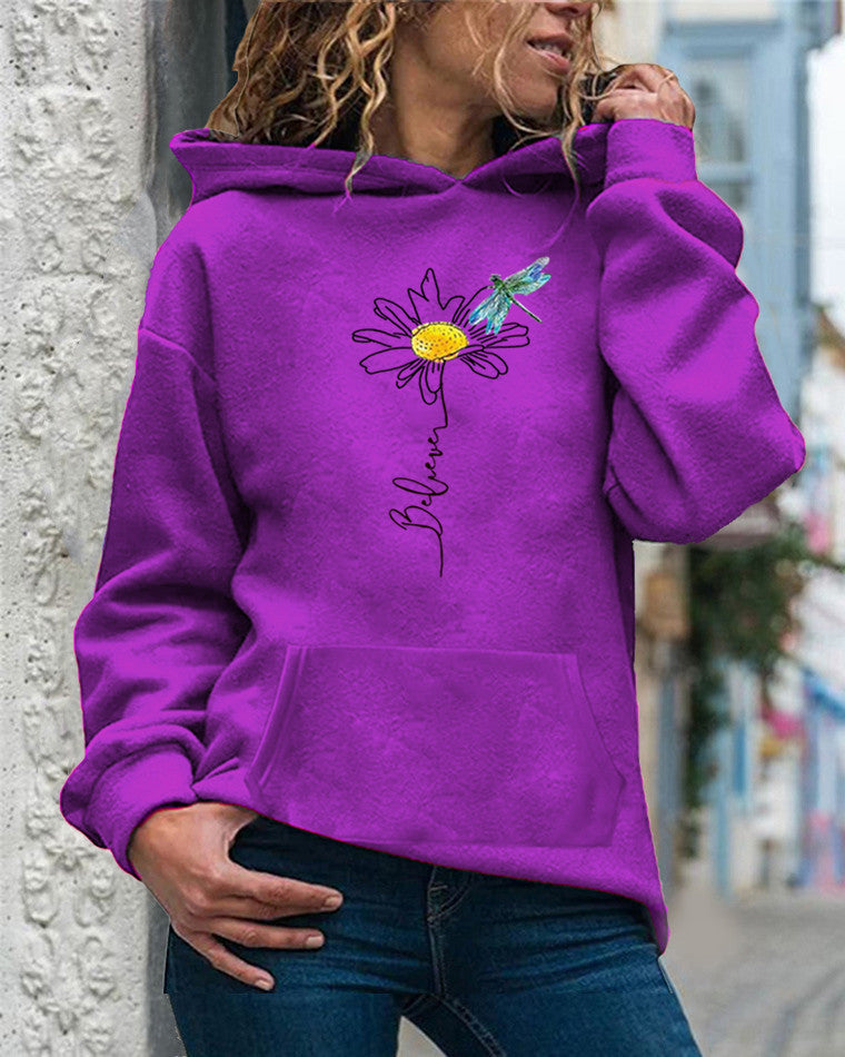 Women's relaxed fit hooded sweatshirt with vibrant sunflower print, long sleeve cotton cozy layer
