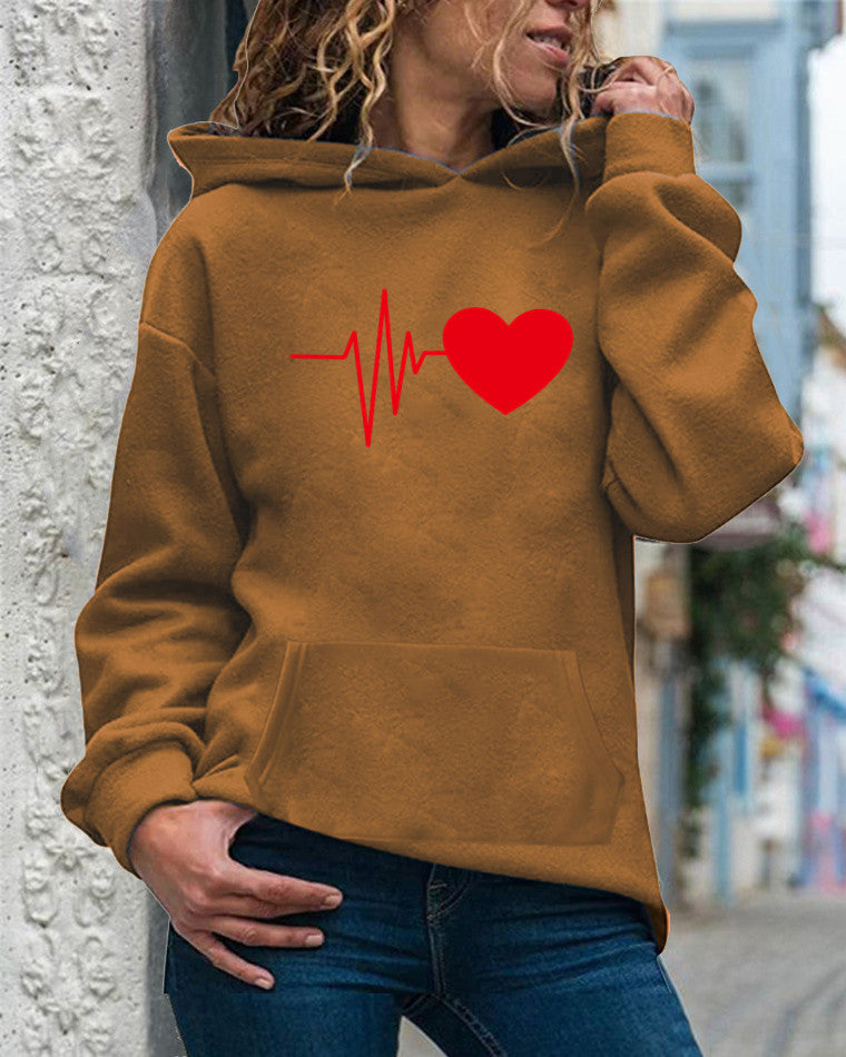 Women's relaxed-fit hooded sweatshirt in cotton blend with heart print, long sleeves casual style
