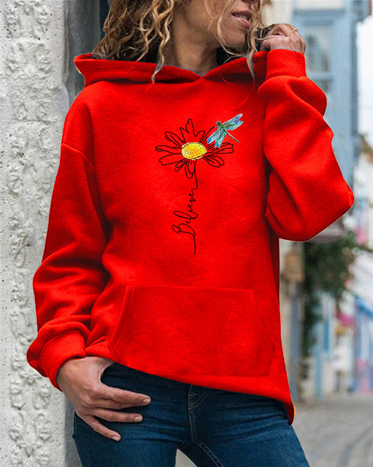 Women's relaxed fit hooded sweatshirt in cotton with vibrant sunflower print long sleeve design