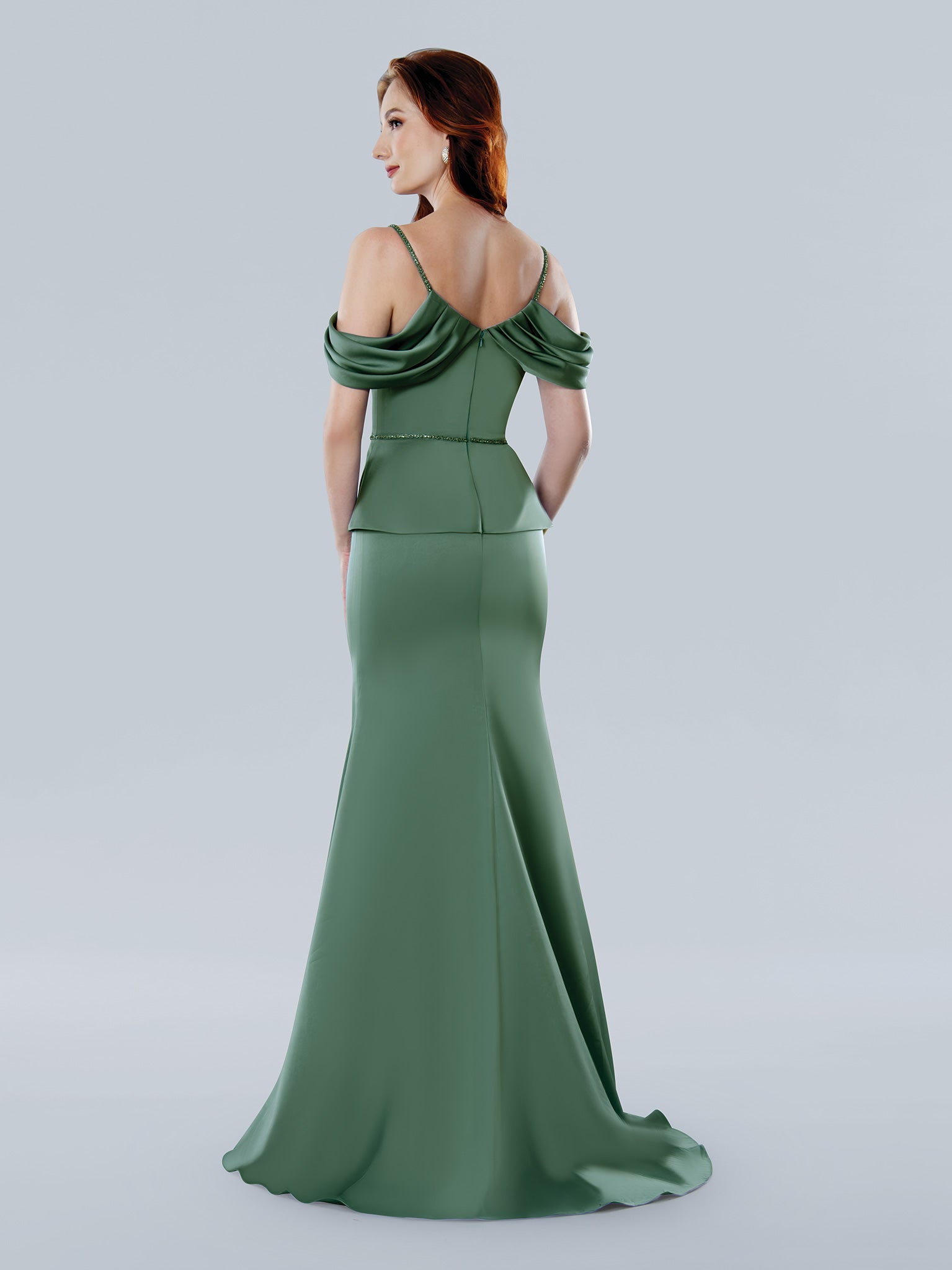 Stella Couture beaded evening gown slim-flare silhouette off-shoulder draped sleeves peplum bodice sweep train