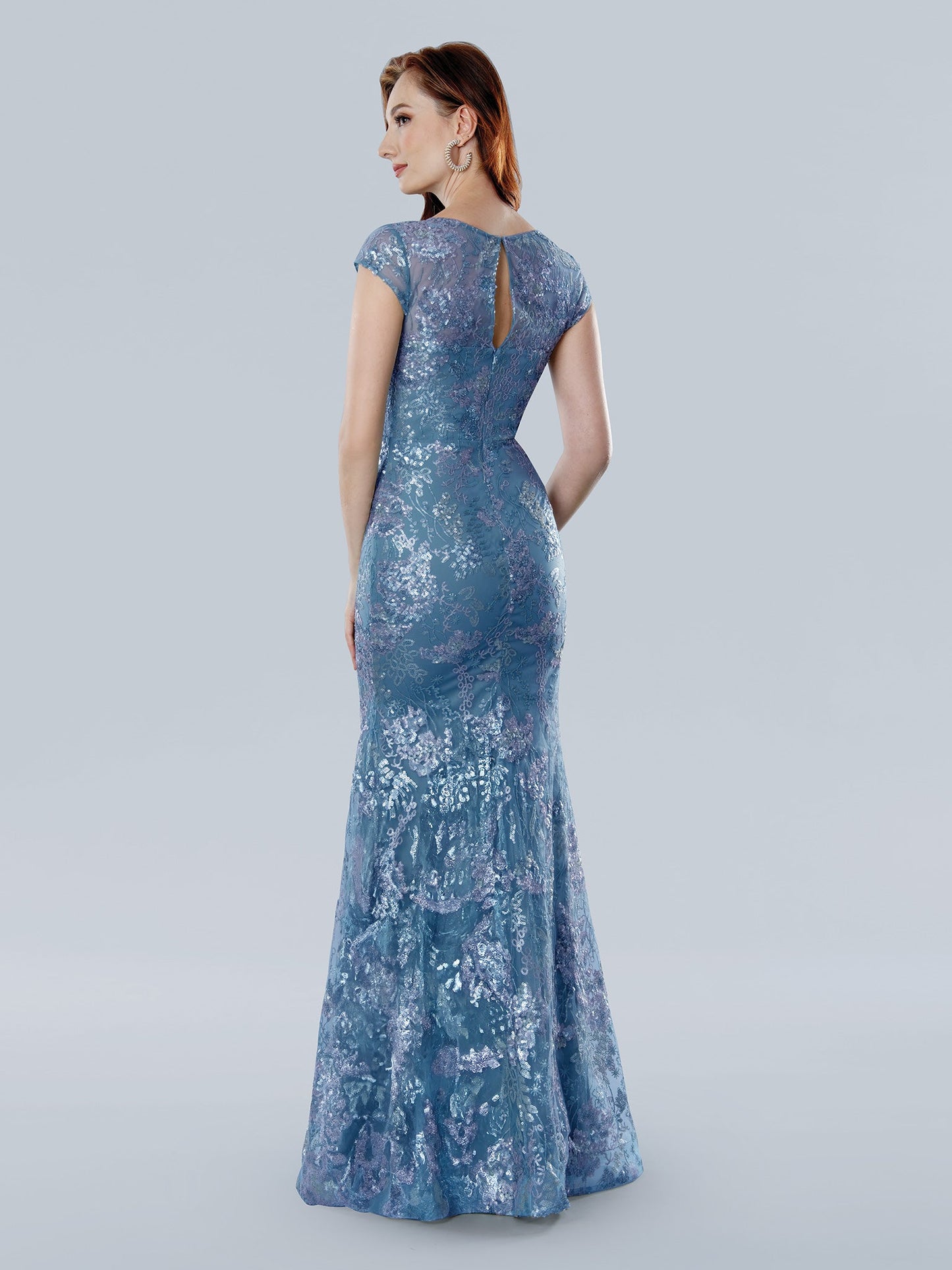 Floral sequin slim-flare formal gown with illusion bateau neckline and keyhole back for mother of bride