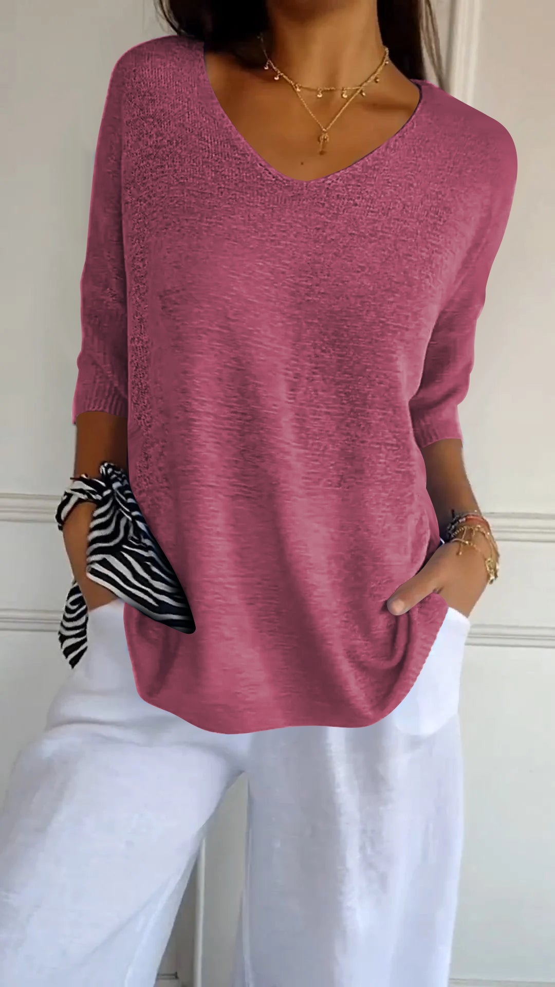 Dusty blue longline loose fit tunic top with subtle V-neck and flowing relaxed silhouette