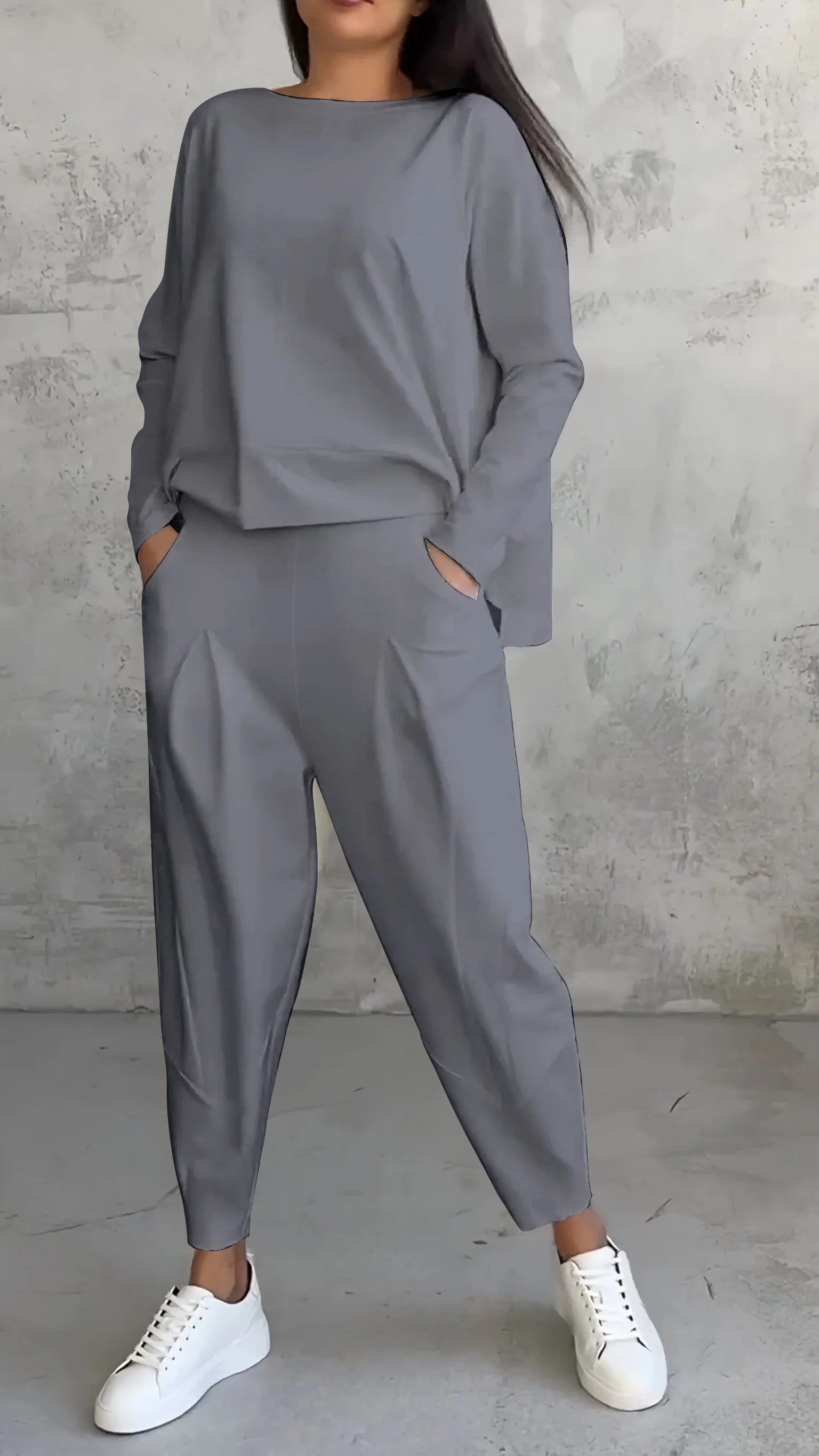 Women's 2-piece lounge set boat-neck long sleeve top tapered pleated pants relaxed matching coordinates