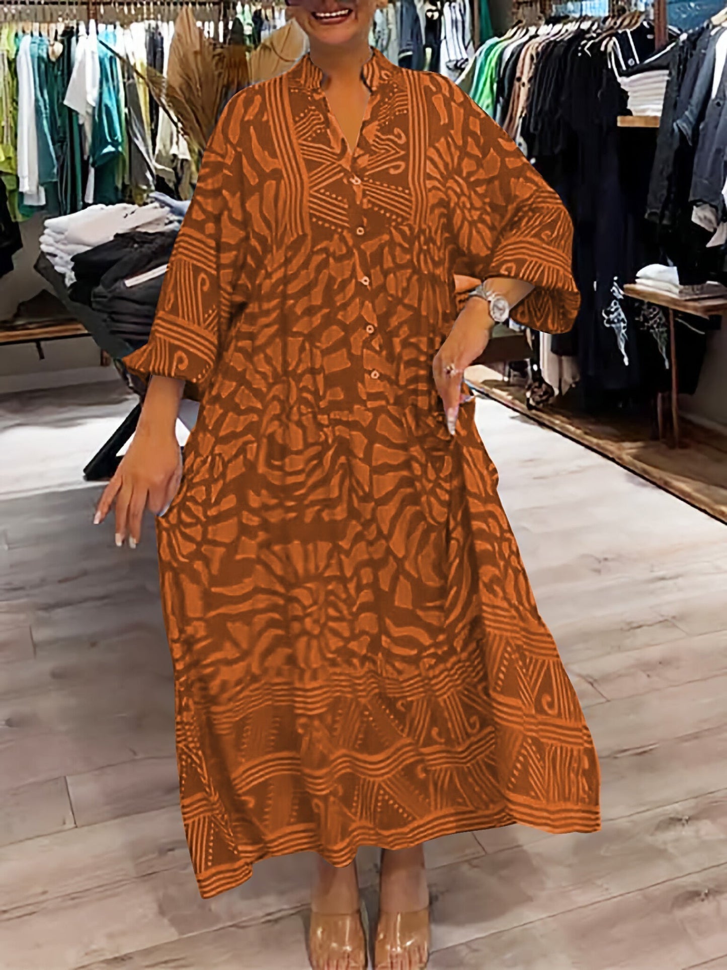 Marigold floral women's flowy V-neck dress with tummy control in loose relaxed fit