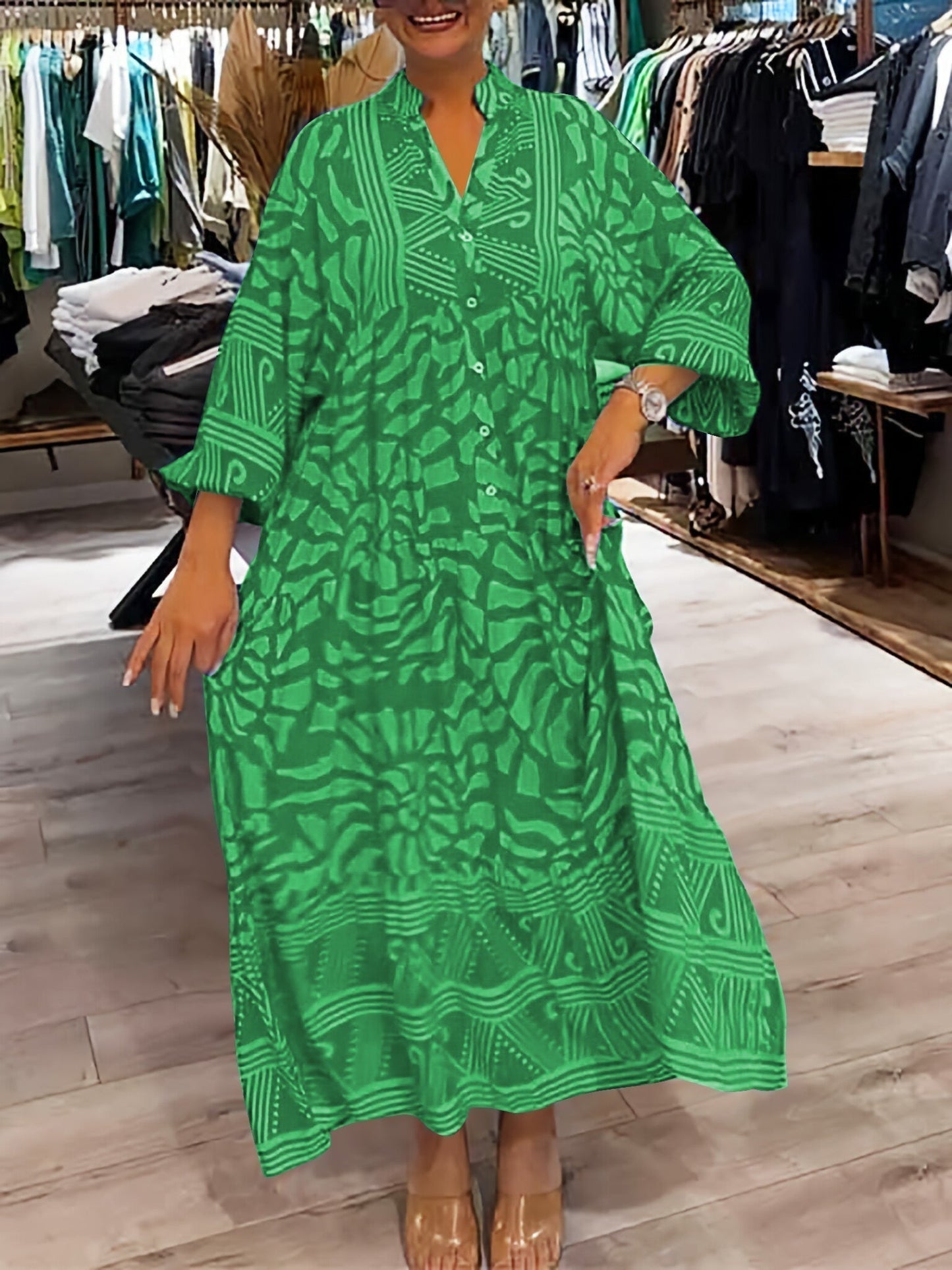 Marigold floral women's v-neck loose fit dress with tummy control and flowy silhouette