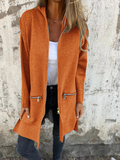 Arlene long sleeve cardigan with round neckline and front zipper in classic versatile style