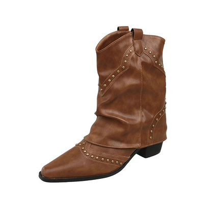 Women's brown studded Western cowboy boots mid-heel with bold metal stud embellishments