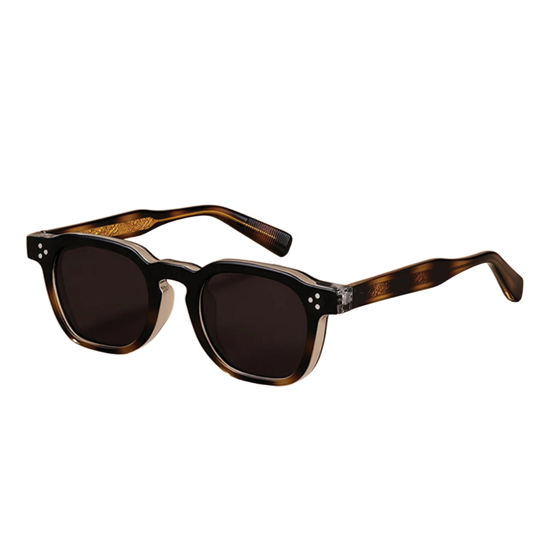 Montaro polarized sunglasses polygon acetate frame engraved temples rivet accents UV400 lenses