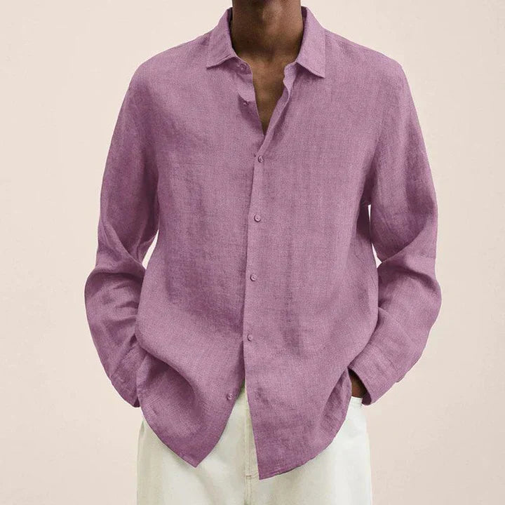 Men's white lightweight linen shirt classic fit long sleeves button closure breathable summer style