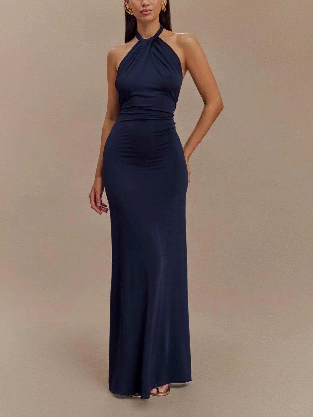 Slinky halter maxi dress with ruched detailing, curve-hugging silhouette and dramatic low back