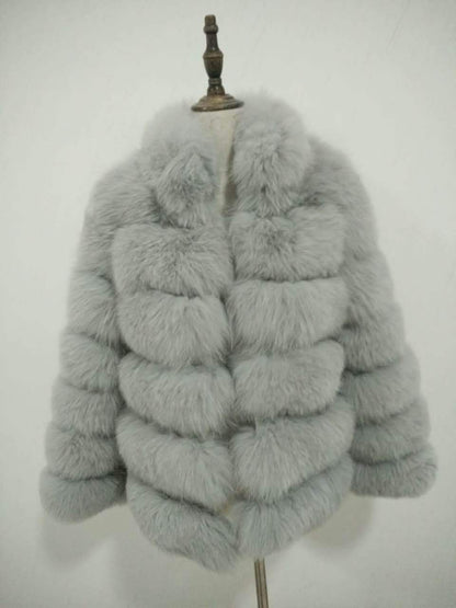 Short unisex faux fox fur coat warm plush ivory minimalist silhouette cold weather luxury outerwear