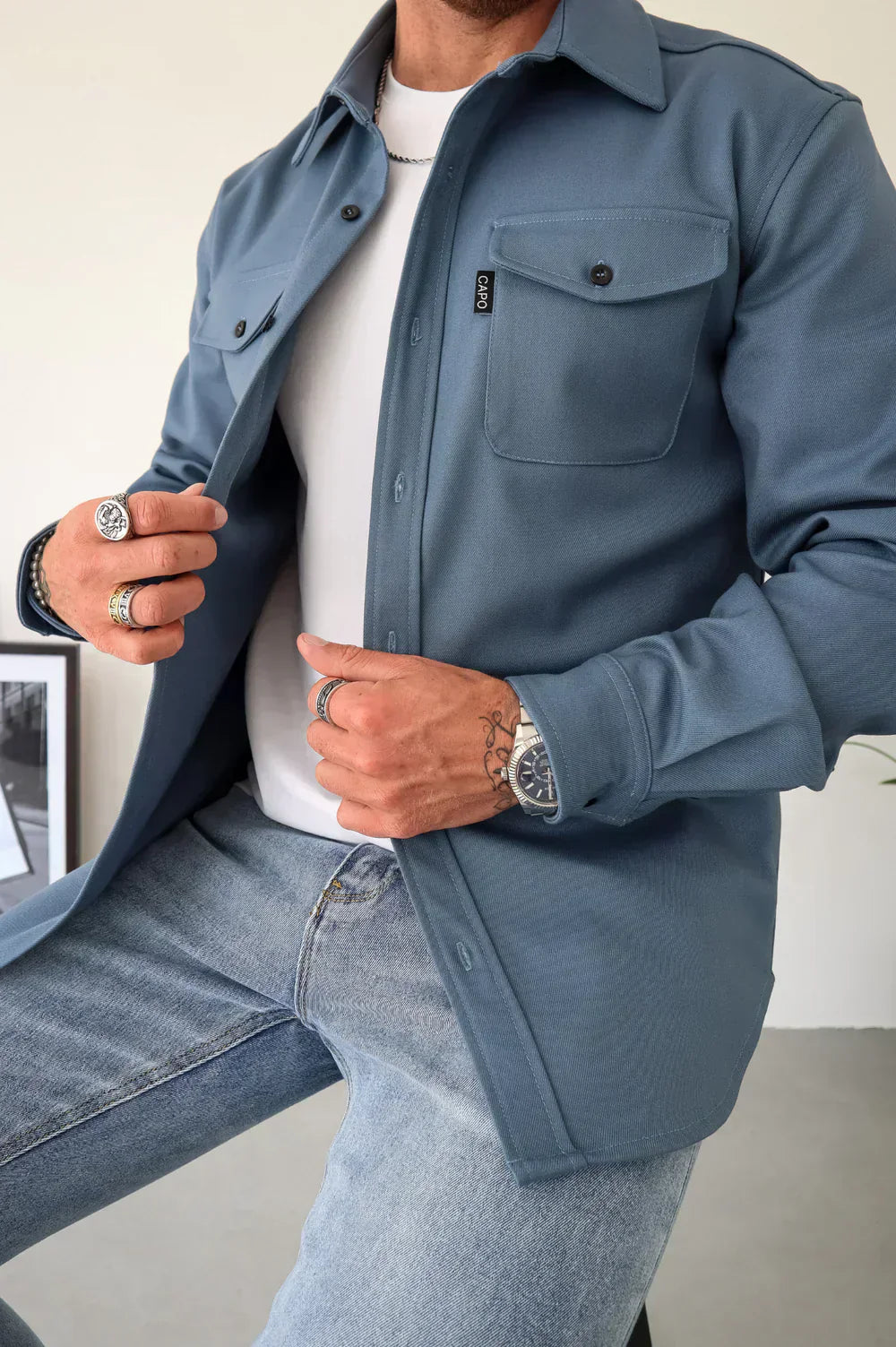 Men's relaxed fit cotton overshirt long sleeve button front layering piece in neutral tone