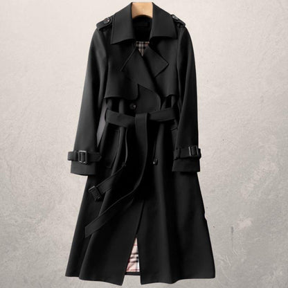 Elegant double-breasted trench coat beige adjustable belt cozy lining refined tailored silhouette