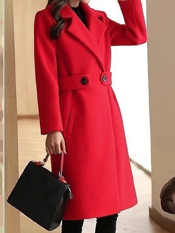 Beige belted longline winter coat tailored fit long sleeves structured office-ready outerwear