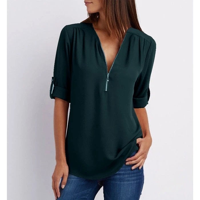 Women's casual blouse zip-up V-neck half sleeve relaxed fit top with rolled sleeves