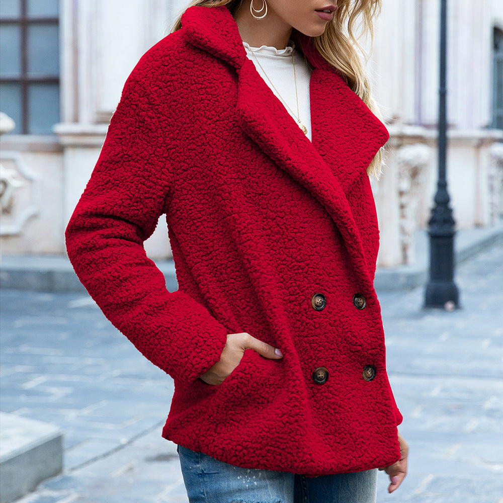 Unisex camel fluffy teddy fleece winter coat with oversized lapel collar and button front closure