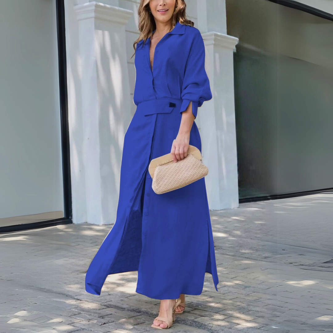 Elegant floral maxi dress with deep V-neck, flowing silhouette, lightweight fabric for summer