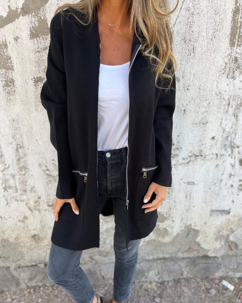 Arlene long sleeve cardigan with round neckline and front zipper in classic versatile style