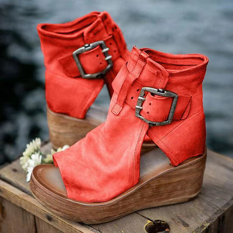 Boho wedge sandals with buckle strap closure, comfort cushioned footbed, neutral tan leather