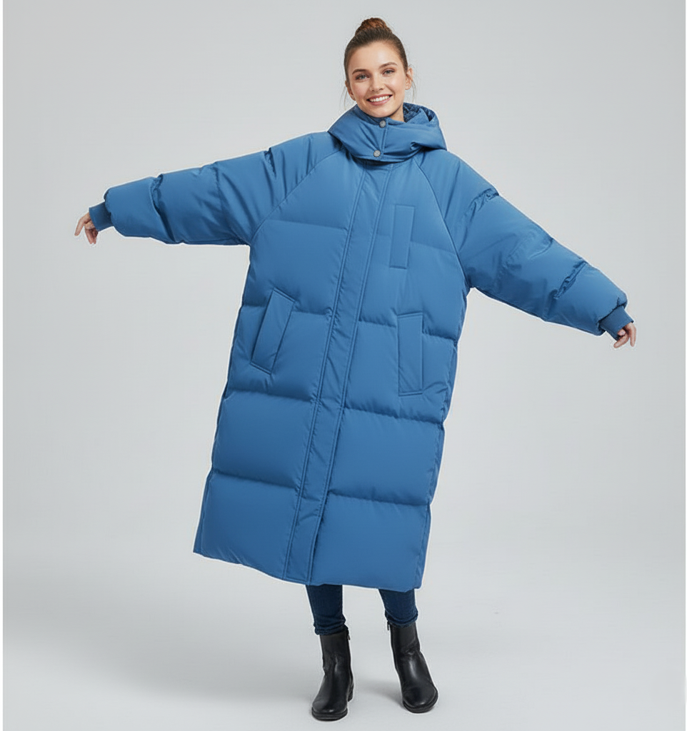 Women's long puffer trench coat oversized quilted insulated hooded high collar winter outerwear