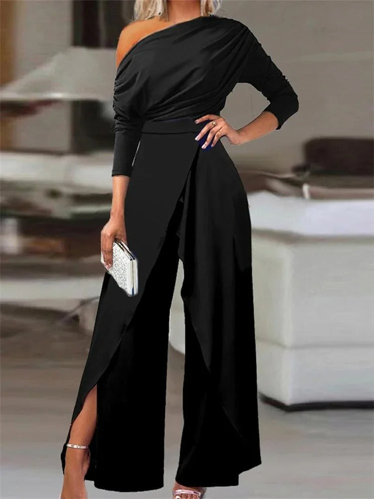 Women's black one-shoulder draped wide-leg jumpsuit full-length formal eveningwear elegant silhouette