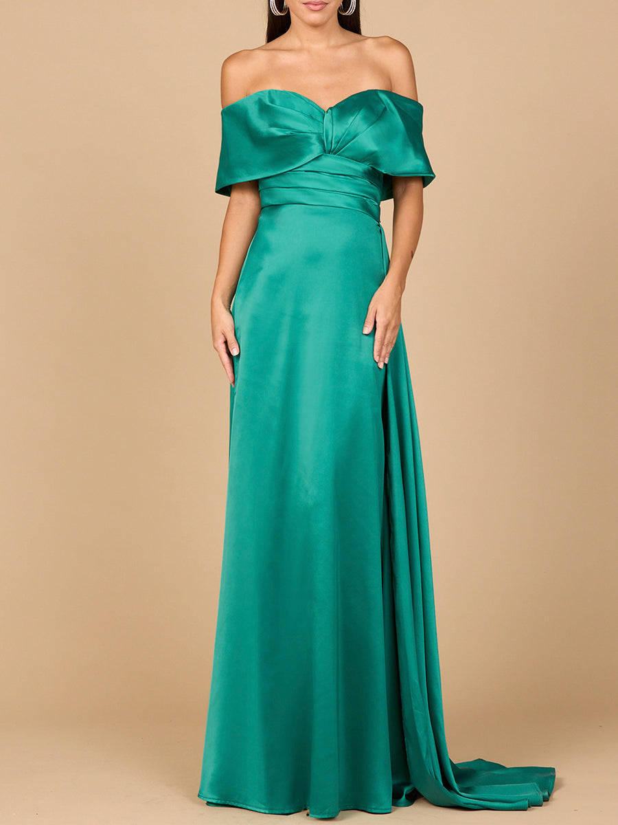 Long satin mermaid evening gown off-shoulder sweetheart neckline front slit formal dress