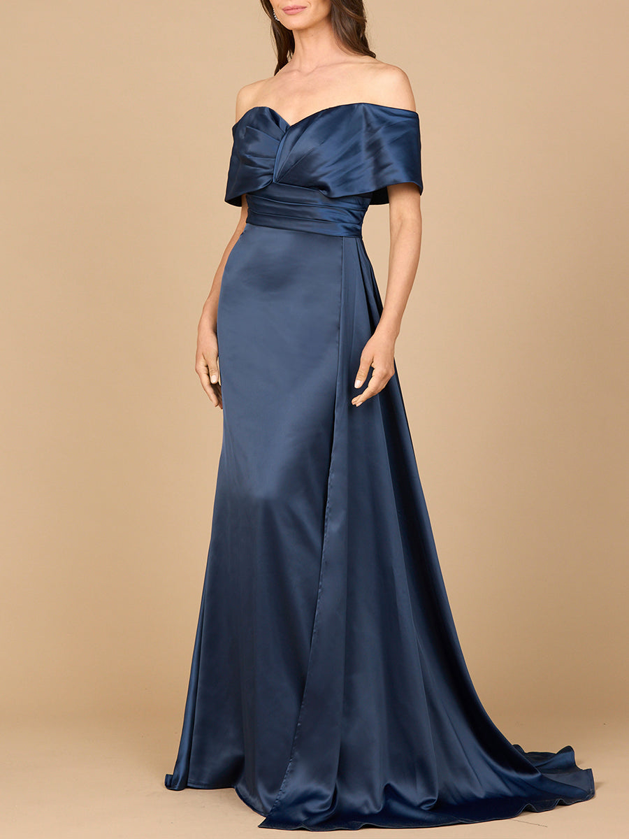 Long satin mermaid evening gown in off-shoulder sweetheart neckline with front slit formal dress