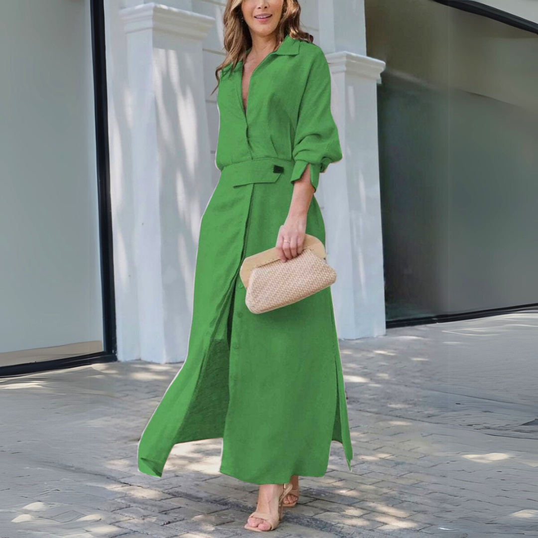 Elegant floral maxi dress with deep V-neck, flowing silhouette, lightweight fabric for summer