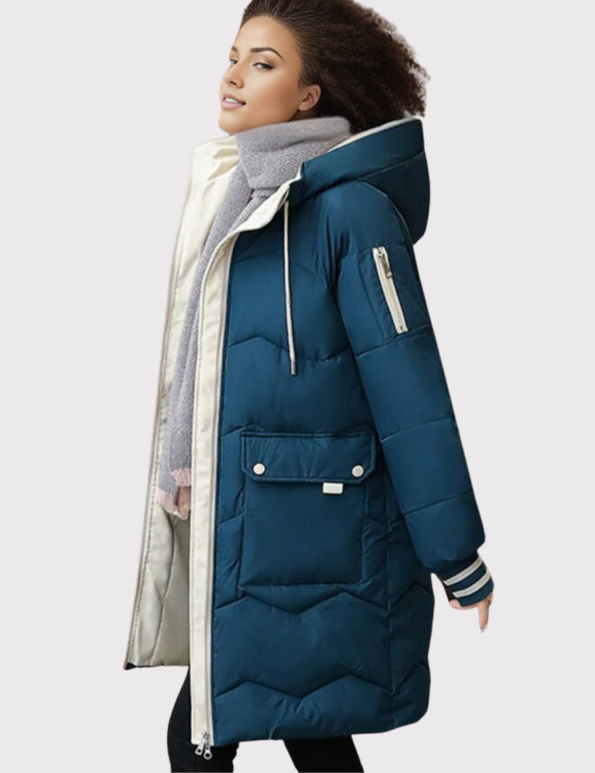 Women's long insulated winter coat in casual sleek silhouette with mid-length cozy warm design