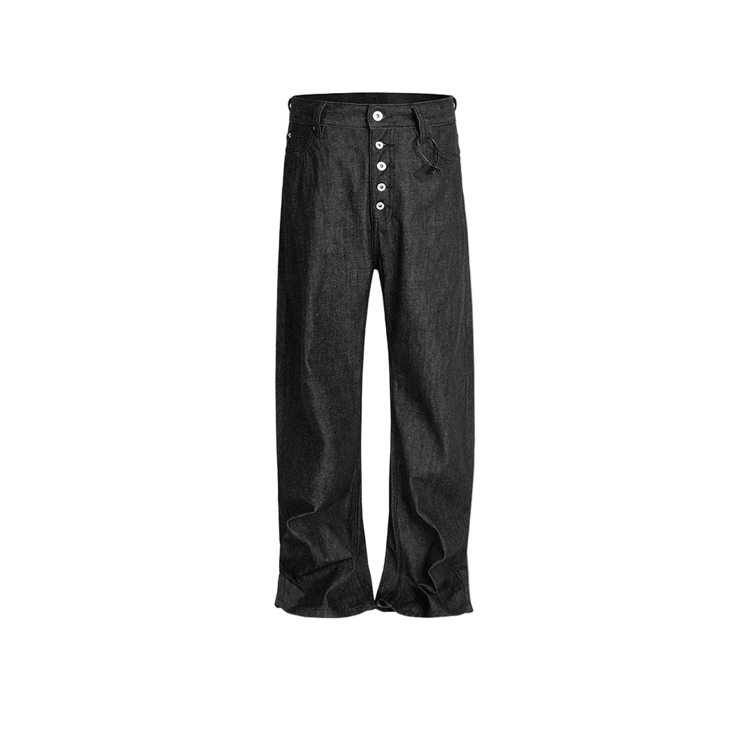 Natural grain raw denim relaxed straight-fit jeans with exposed white button fly closure