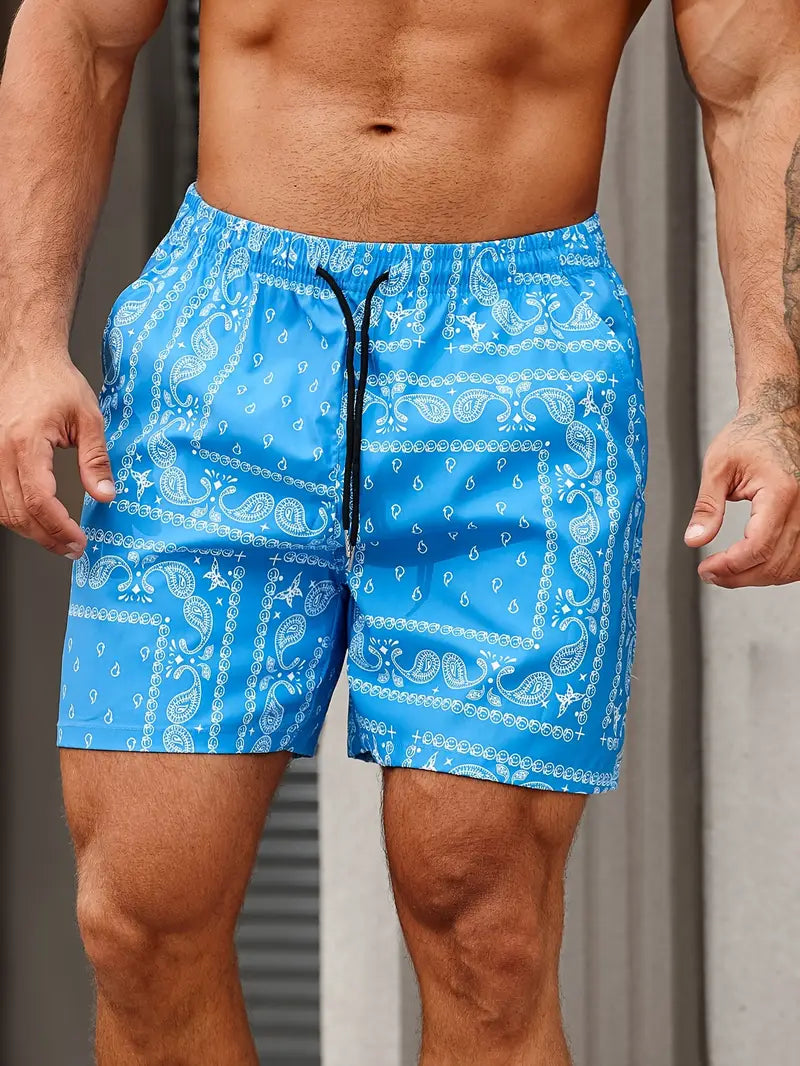 Men's bandana print swim shorts mid-thigh relaxed fit quick-dry beach pool wear