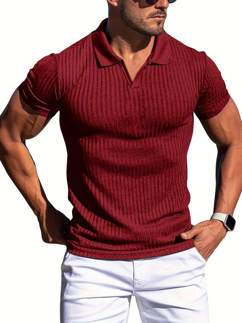Men's slim fit ribbed knit polo shirt short sleeve casual navy textured cotton-blend everyday style