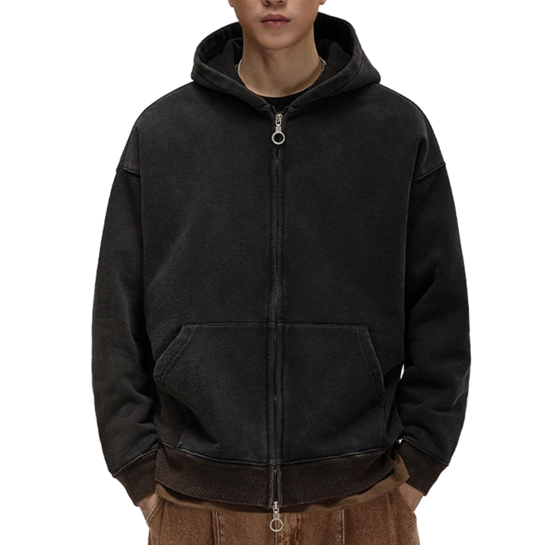West End faded pigment wash oversized cotton hoodie with dual zipper closure streetwear style