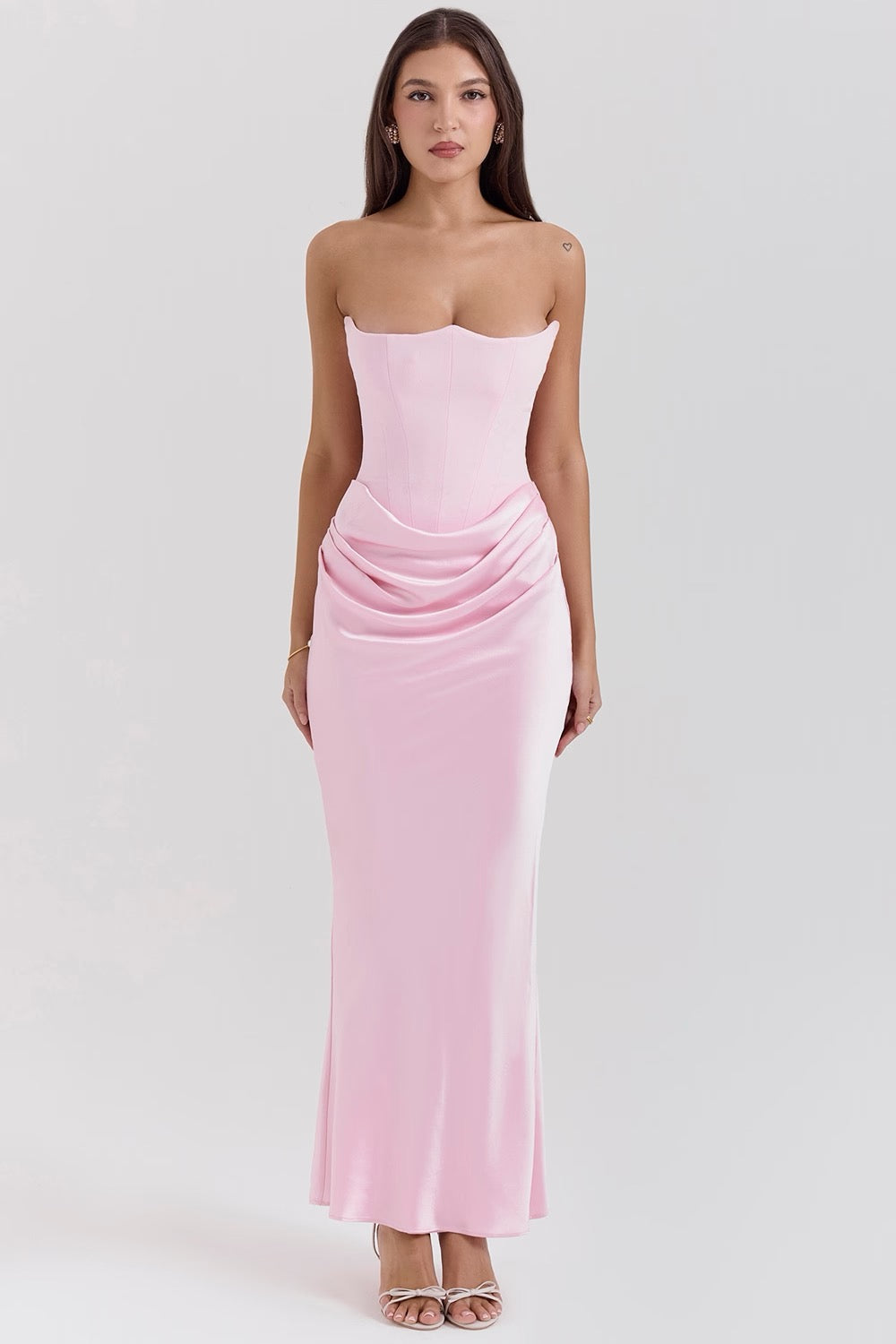Women's ivory lace strapless evening dress with structured hourglass bodice and flowing skirt
