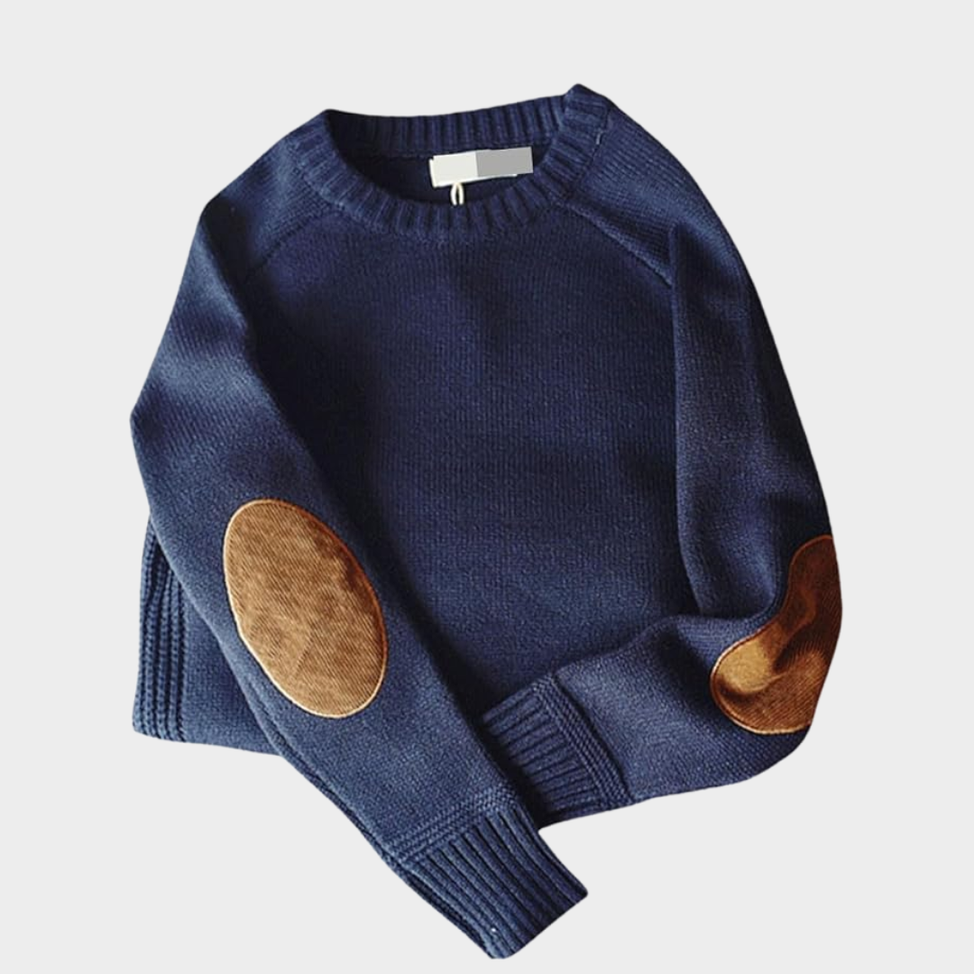 Warm knit sweater with elbow patches, relaxed fit, soft cozy fabric for casual smart-casual style