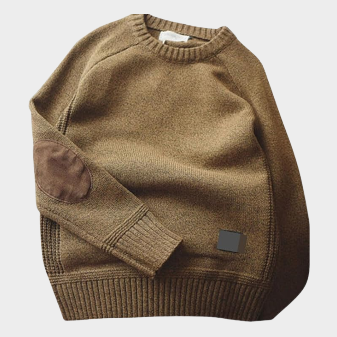 Warm knit sweater with elbow patches, relaxed fit, perfect for casual smart-casual styling