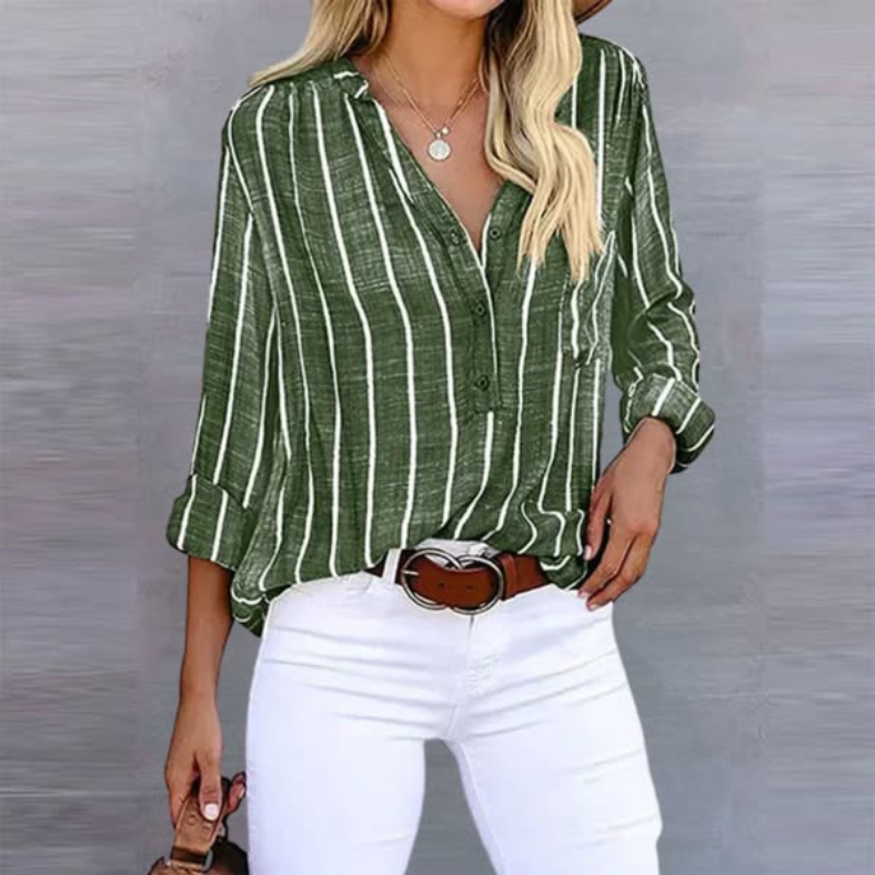 Women's striped relaxed-fit summer blouse, lightweight breathable fabric, vertical stripe slimming design