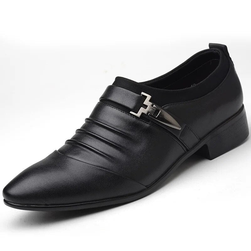 Men's black pointed toe monk strap dress shoes with elegant buckle in leather-look PU finish