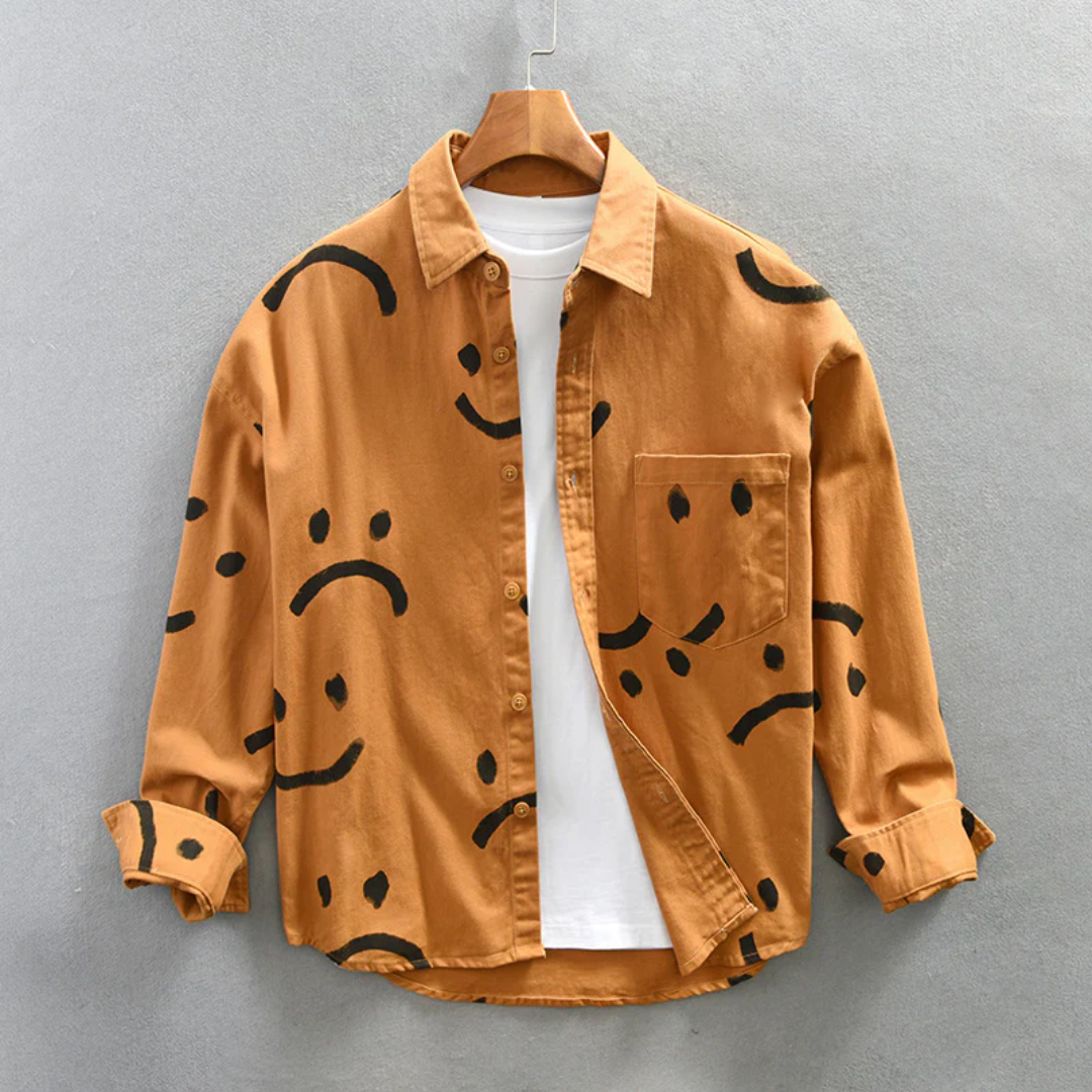 Travis long sleeve cotton shirt with abstract smiley print, minimalist casual style for everyday wear