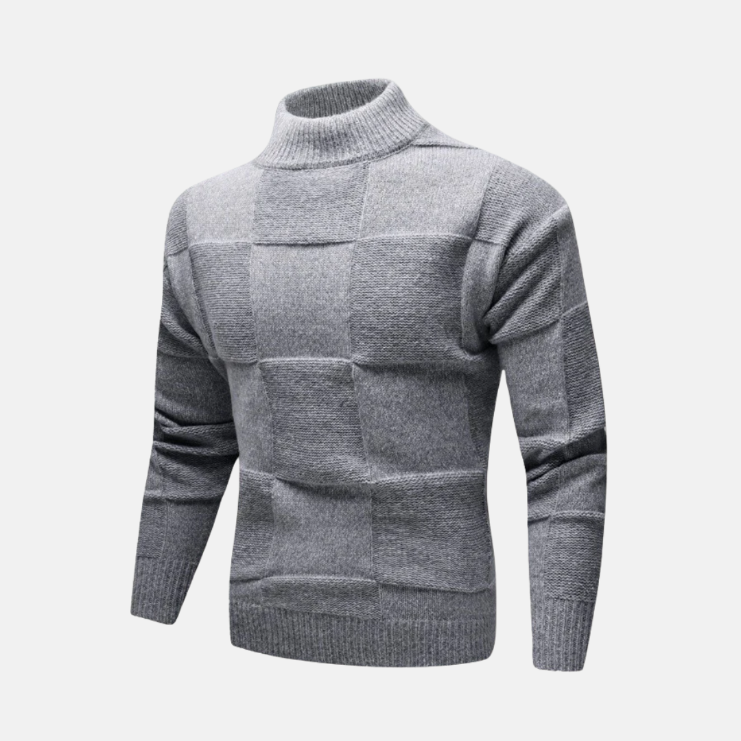Men's slim fit mock neck sweater fine gauge knit checkerboard pattern classic fall knitwear