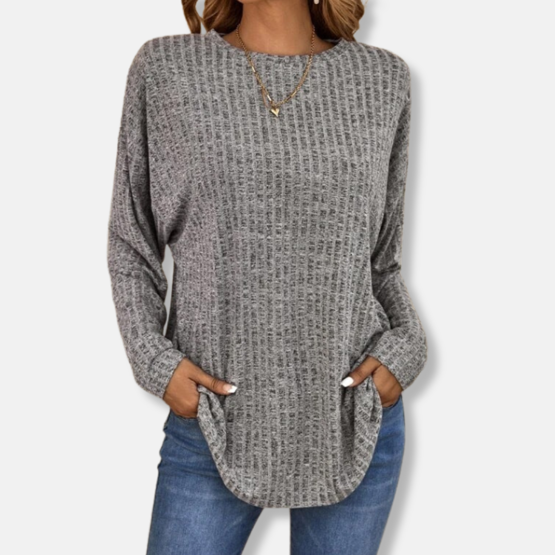 Women's relaxed fit ribbed knit pullover top long sleeve curved hem in cozy layerable style