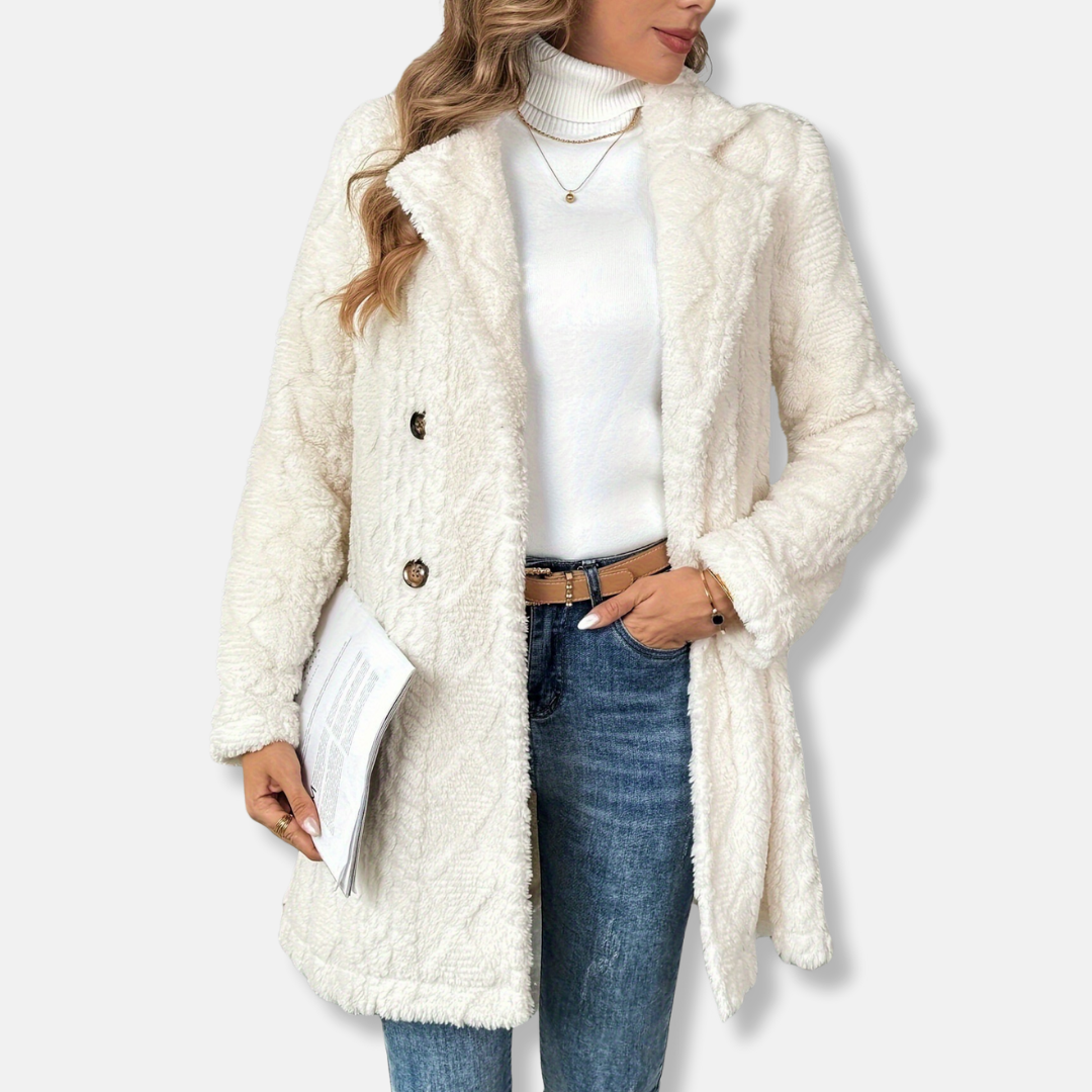 Women's beige knit double-breasted coat with notched lapel and mid-thigh straight silhouette