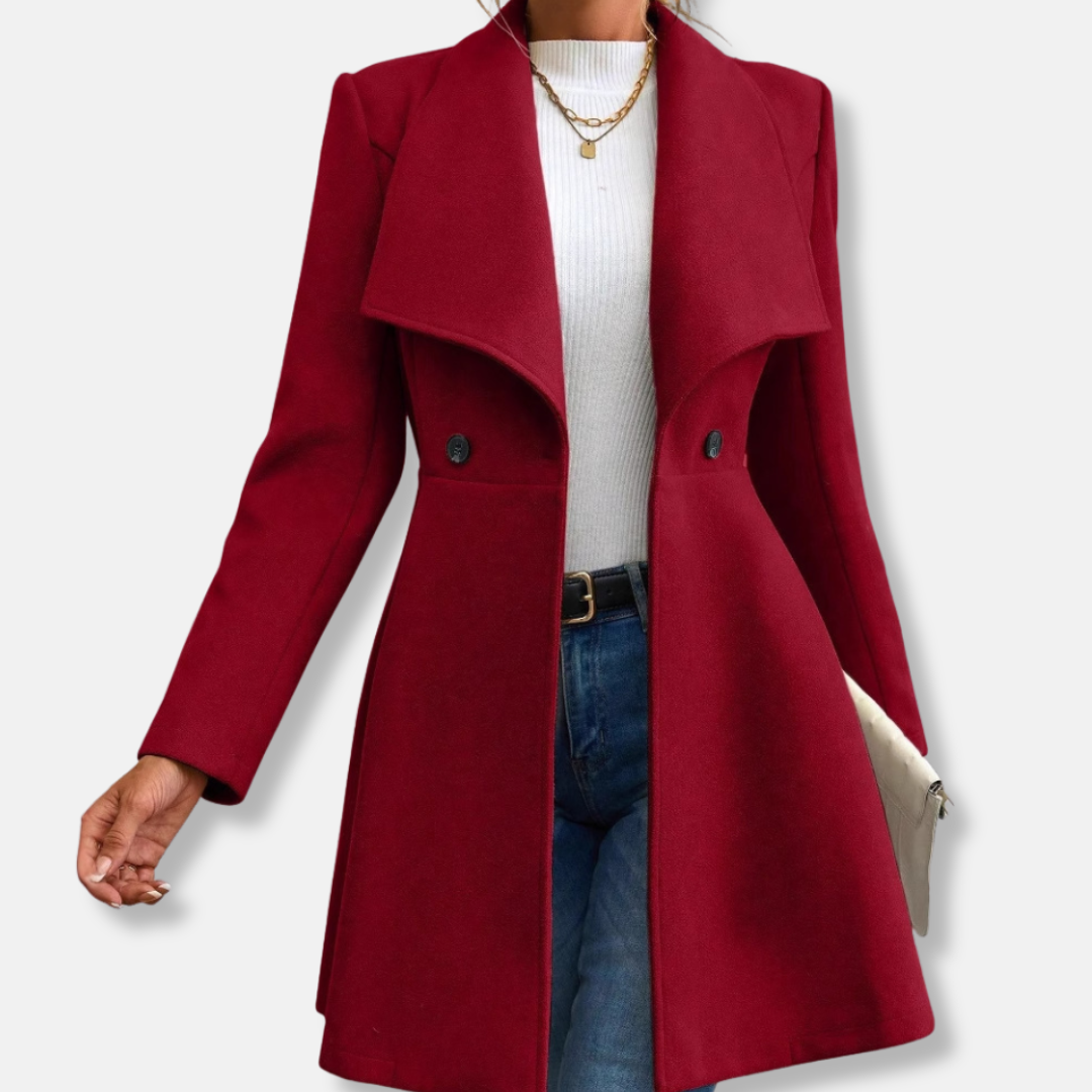 Women's wool-feel tailored coat with chic lapel collar, button-up mid-thigh length, polished silhouette